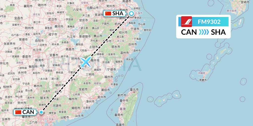 FM9302 Shanghai Airlines Flight Map: Guangzhou to Shanghai