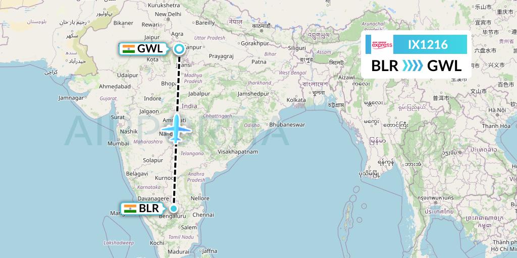 IX1216 Air India Express Flight Map: Bangalore to Gwalior