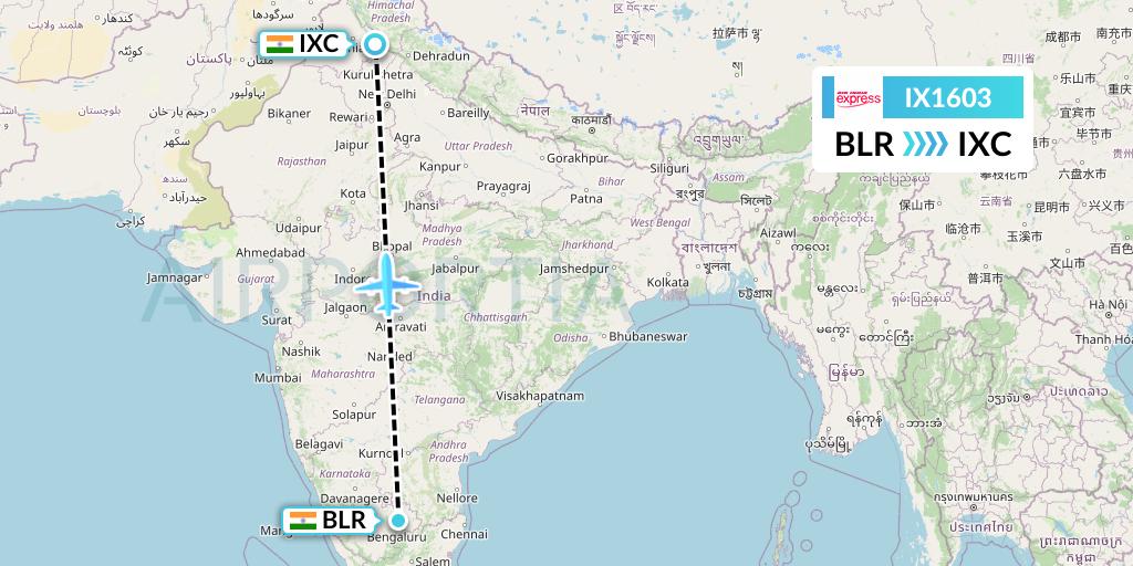 IX1603 Air India Express Flight Map: Bangalore to Chandigarh