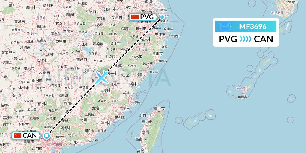 MF3696 Xiamen Airlines Flight Map: Shanghai to Guangzhou
