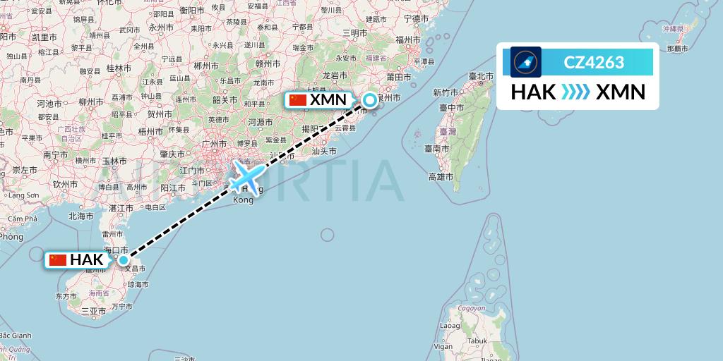CZ4263 China Southern Airlines Flight Map: Haikou to Xiamen