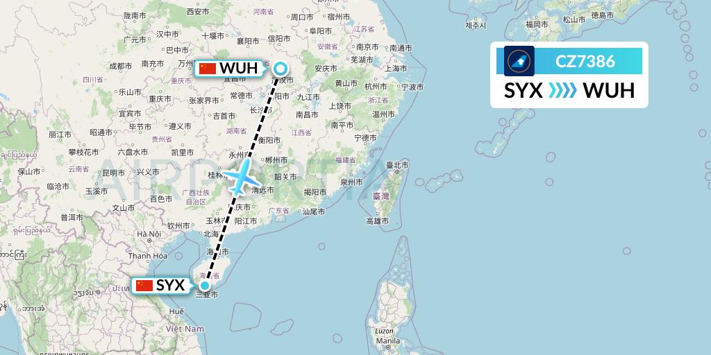 CZ7386 China Southern Airlines Flight Map: Sanya to Wuhan