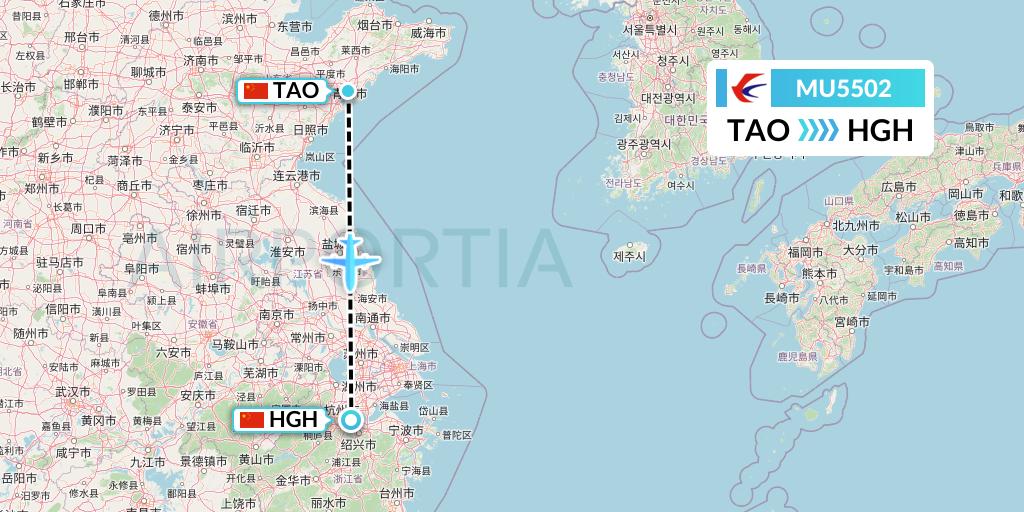 MU5502 China Eastern Airlines Flight Map: Qingdao to Hangzhou