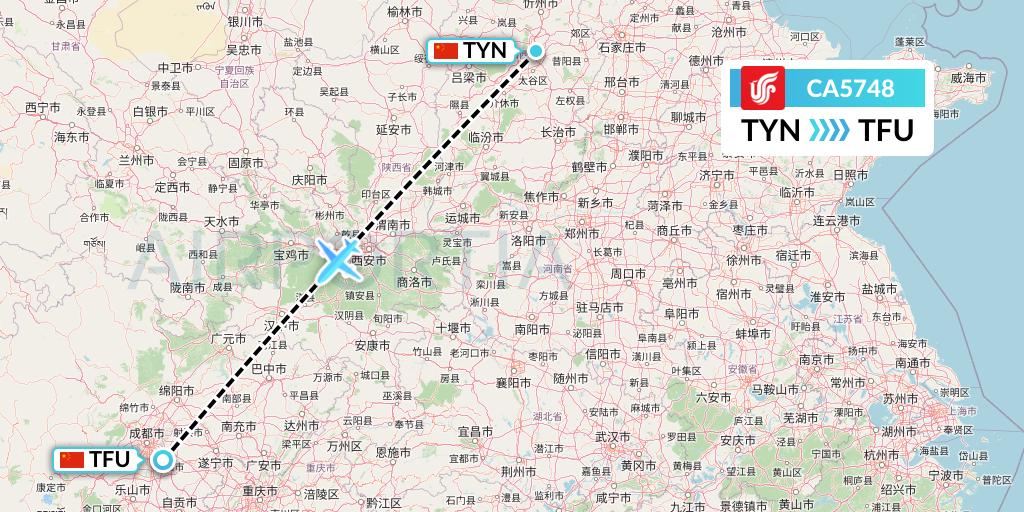CA5748 Air China Flight Map: Taiyuan to Chengdu