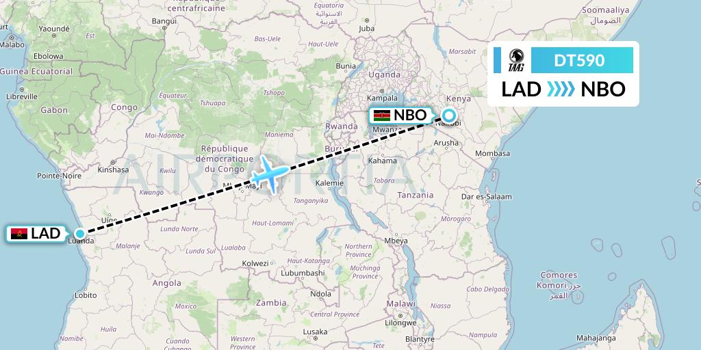 DT590 TAAG Angola Airlines Flight Map: Luanda to Nairobi