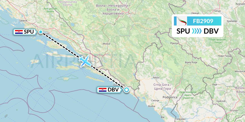 FB2909 Bulgaria Air Flight Map: Split to Dubrovnik