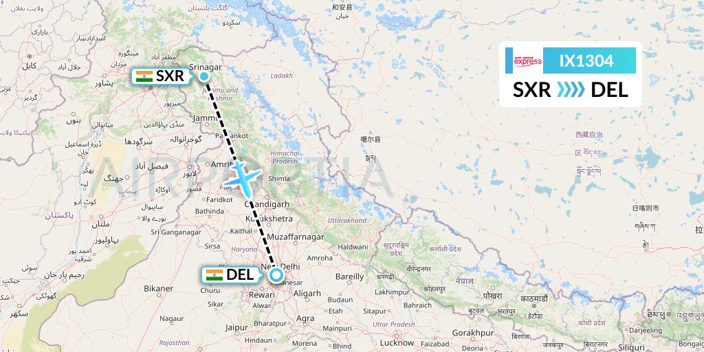 IX1304 Air India Express Flight Map: Srinagar to Delhi