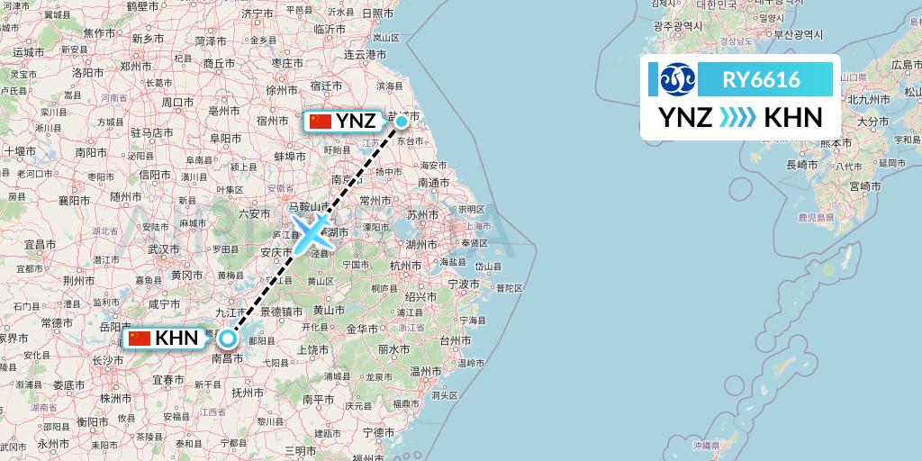 RY6616 Jiangxi Air Flight Map: Yancheng to Nanchang