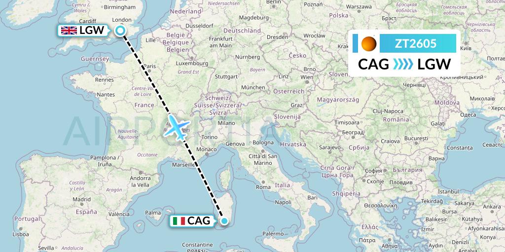 ZT2605 Titan Airways Flight Map: Cagliari to London