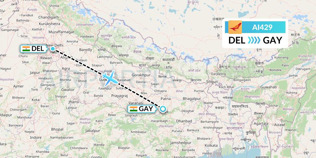 AI429 Air India Flight Map: Delhi to Gaya