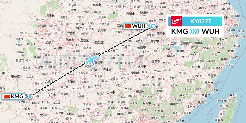KY8277 Kunming Airlines Flight Map: Kunming to Wuhan