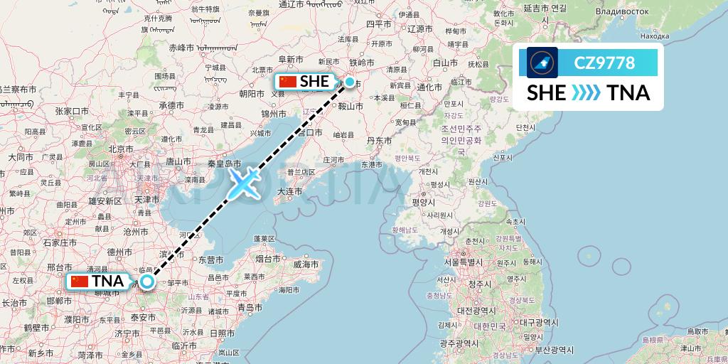 CZ9778 China Southern Airlines Flight Map: Shenyang to Jinan