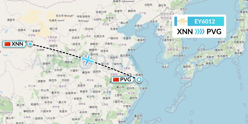 EY6012 Etihad Airways Flight Map: Xining to Shanghai