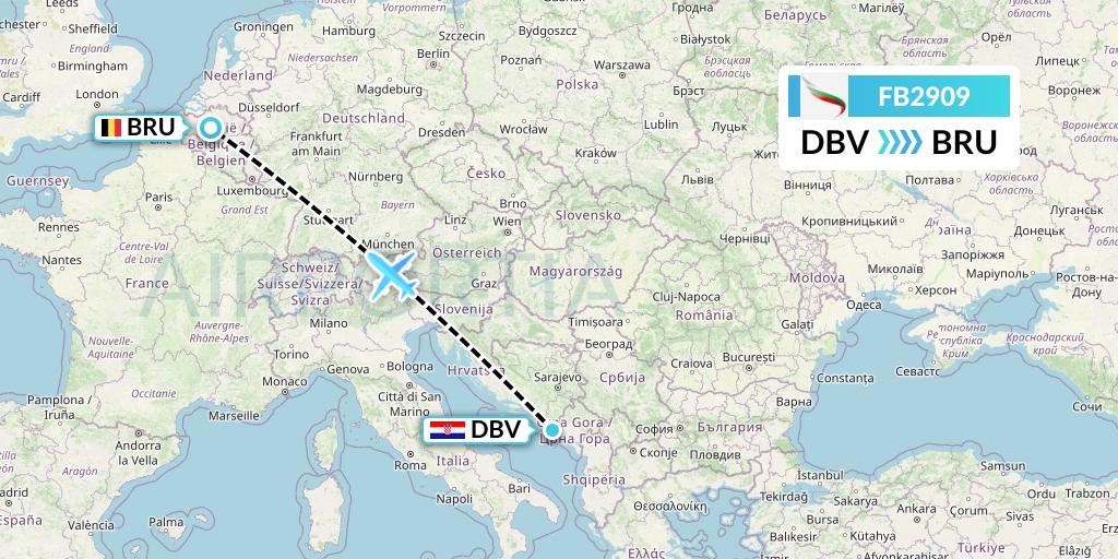 FB2909 Bulgaria Air Flight Map: Dubrovnik to Brussels