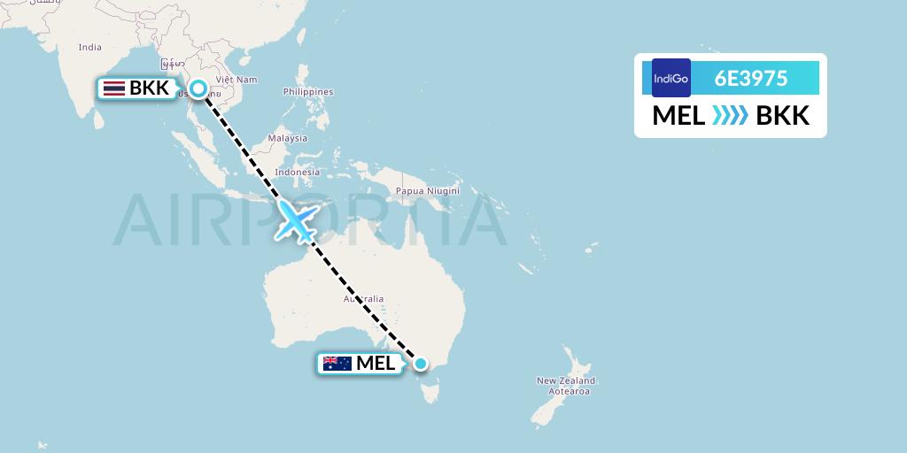 6E3975 IndiGo Airlines Flight Map: Melbourne to Bangkok