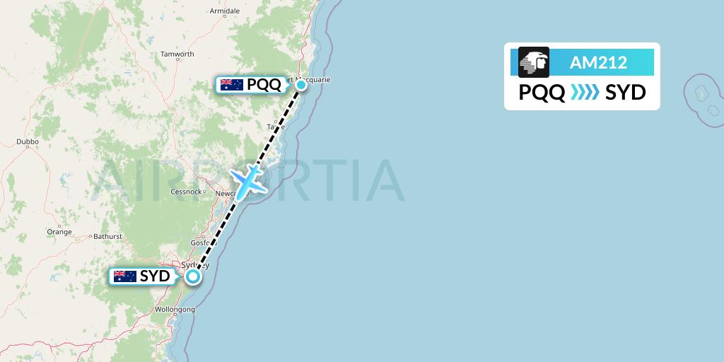 AM212 Aeromexico Flight Map: Port Macquarie to Sydney