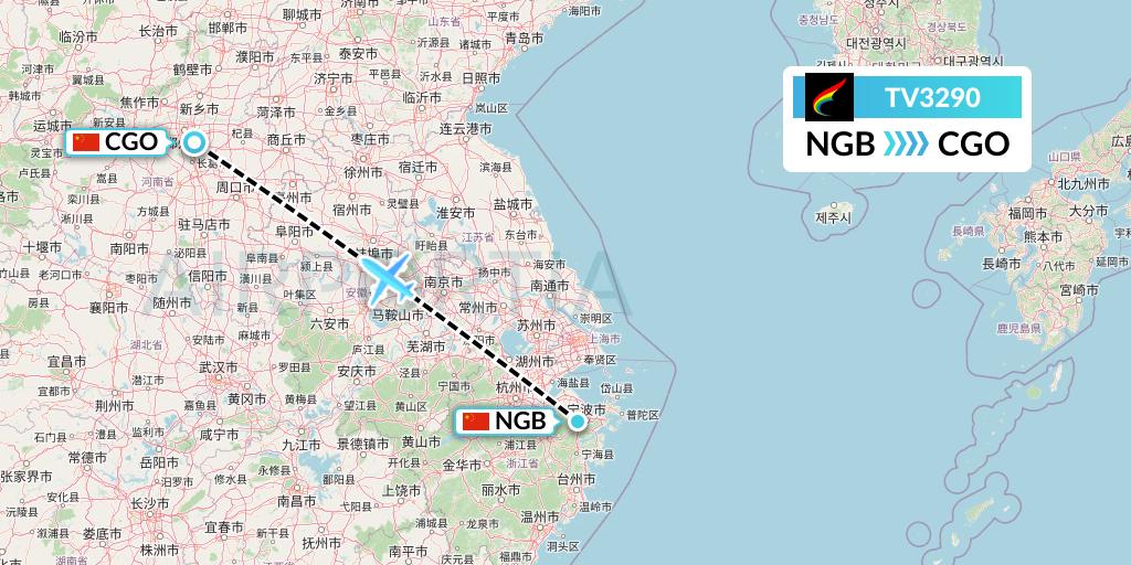 TV3290 Tibet Airlines Flight Map: Ningbo to Zhengzhou