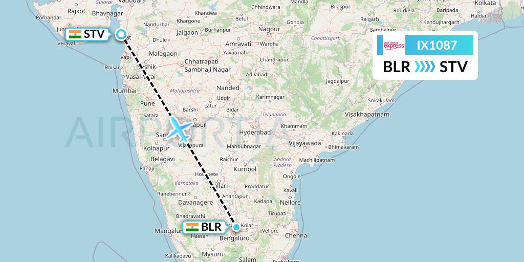IX1087 Air India Express Flight Map: Bangalore to Surat