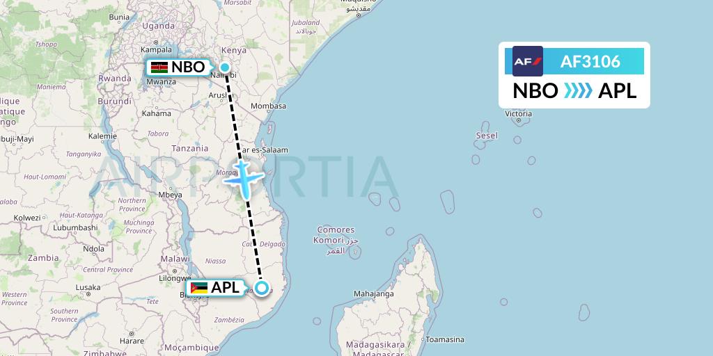 AF3106 Air France Flight Map: Nairobi to Nampula