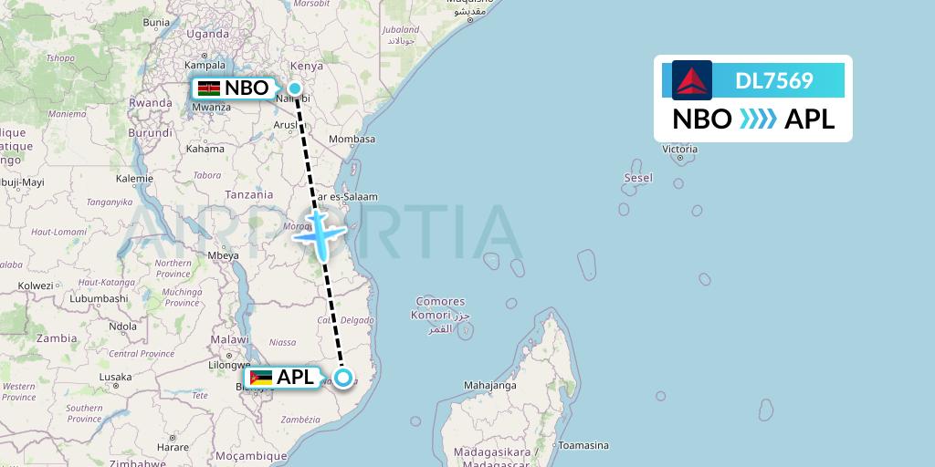 DL7569 Delta Air Lines Flight Map: Nairobi to Nampula
