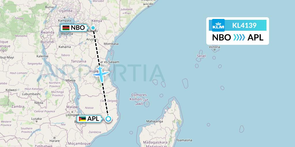 KL4139 KLM Flight Map: Nairobi to Nampula