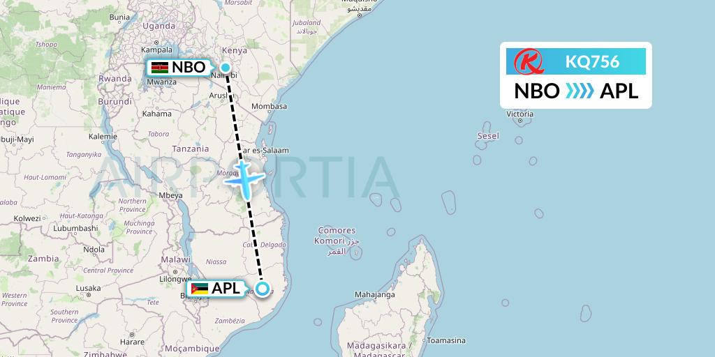 KQ756 Kenya Airways Flight Map: Nairobi to Nampula