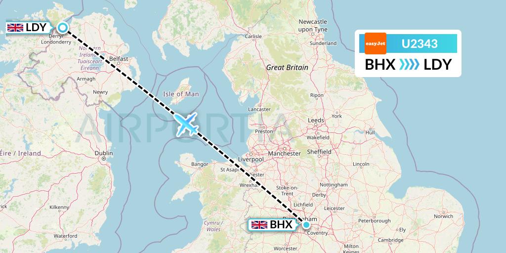 U2343 EasyJet Flight Map: Birmingham to Londonderry