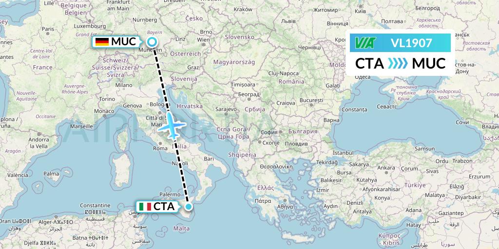 VL1907 Air Via Flight Map: Catania to Munich