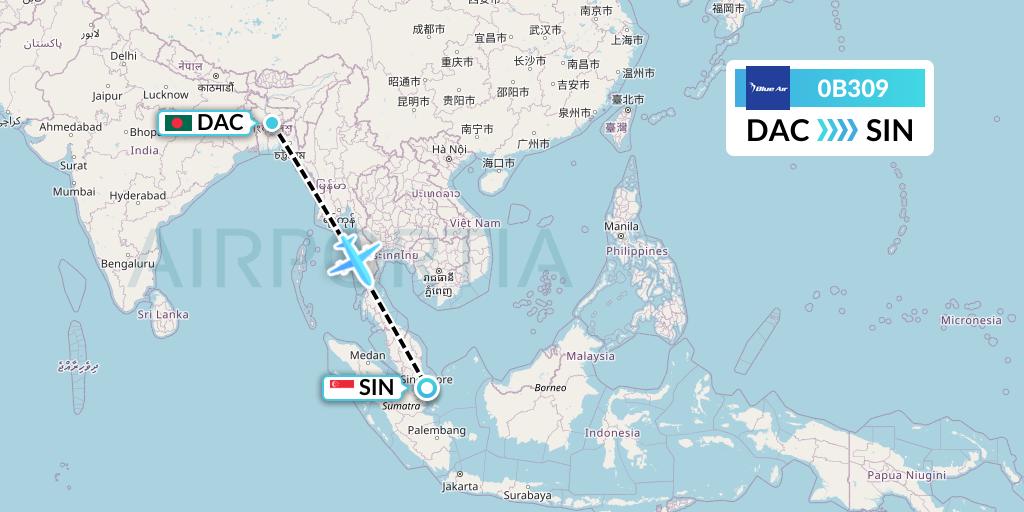 0B309 Blue Air Flight Map: Dhaka to Singapore
