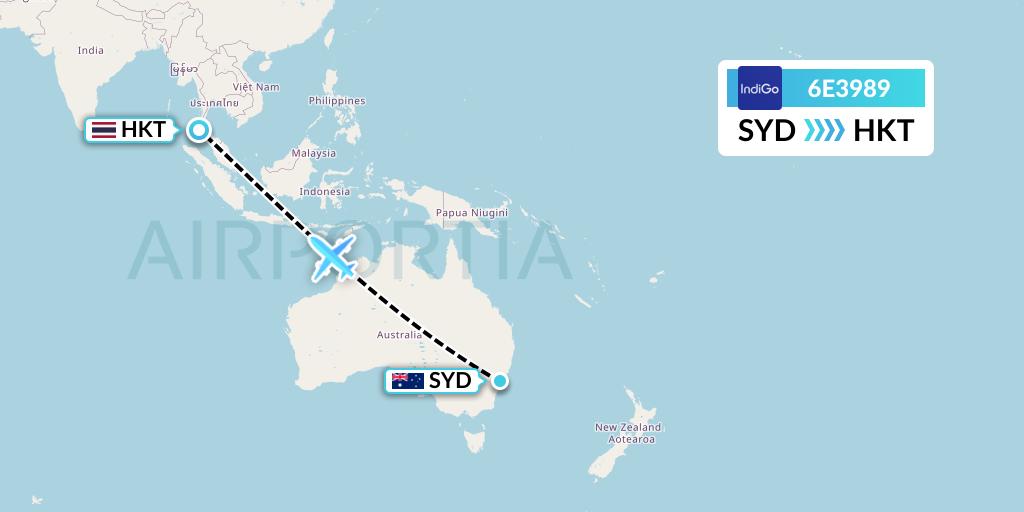 6E3989 IndiGo Airlines Flight Map: Sydney to Phuket