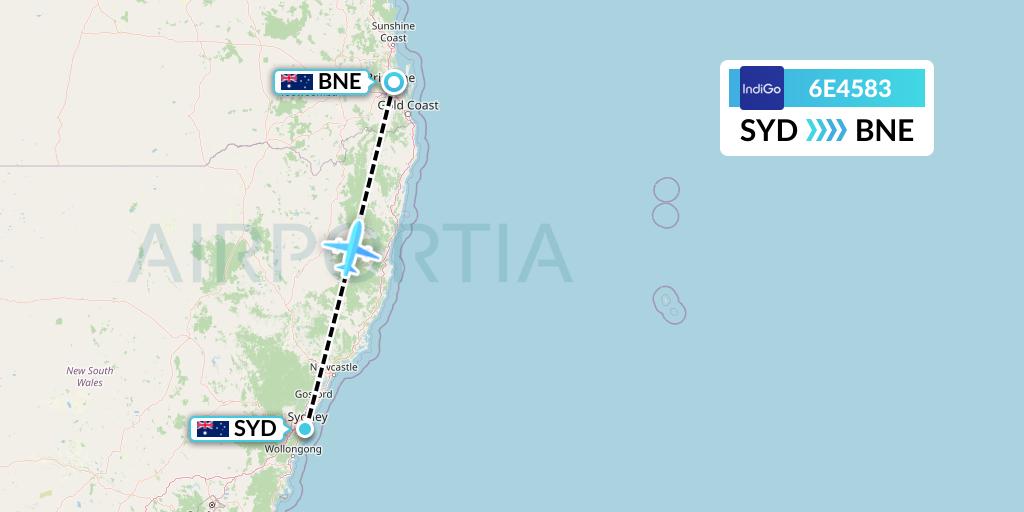 6E4583 IndiGo Airlines Flight Map: Sydney to Brisbane