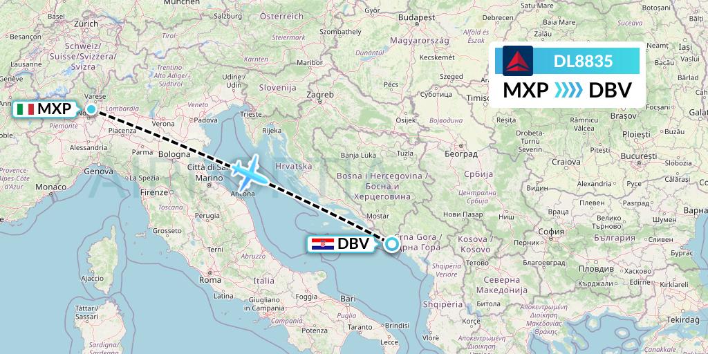 DL8835 Delta Air Lines Flight Map: Milan to Dubrovnik
