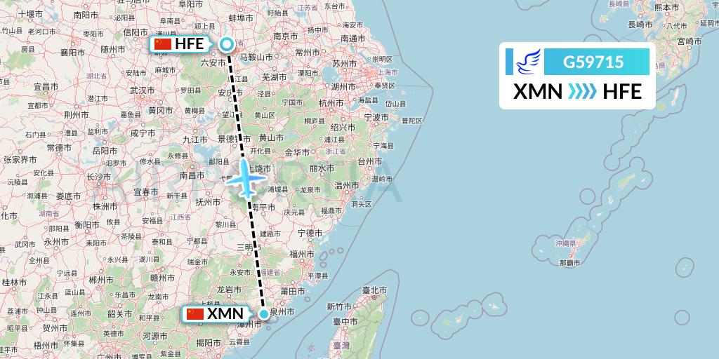 G59715 China Express Airlines Flight Map: Xiamen to Hefei