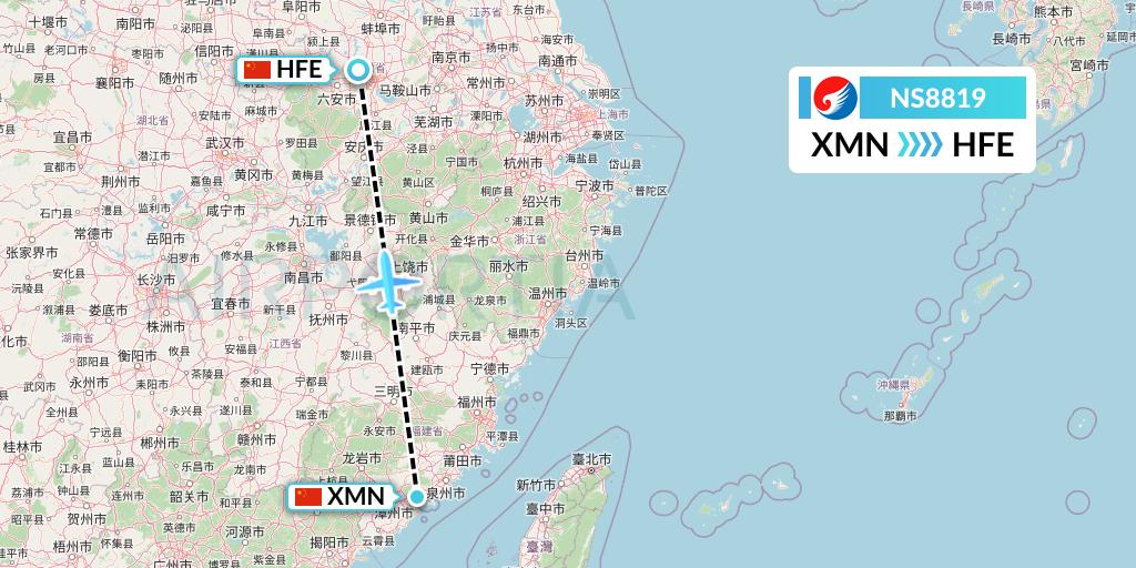 NS8819 Hebei Airlines Flight Map: Xiamen to Hefei