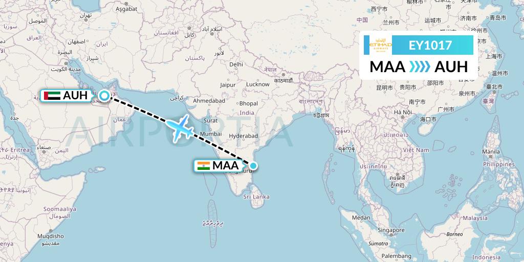 EY1017 Etihad Airways Flight Map: Chennai to Abu Dhabi