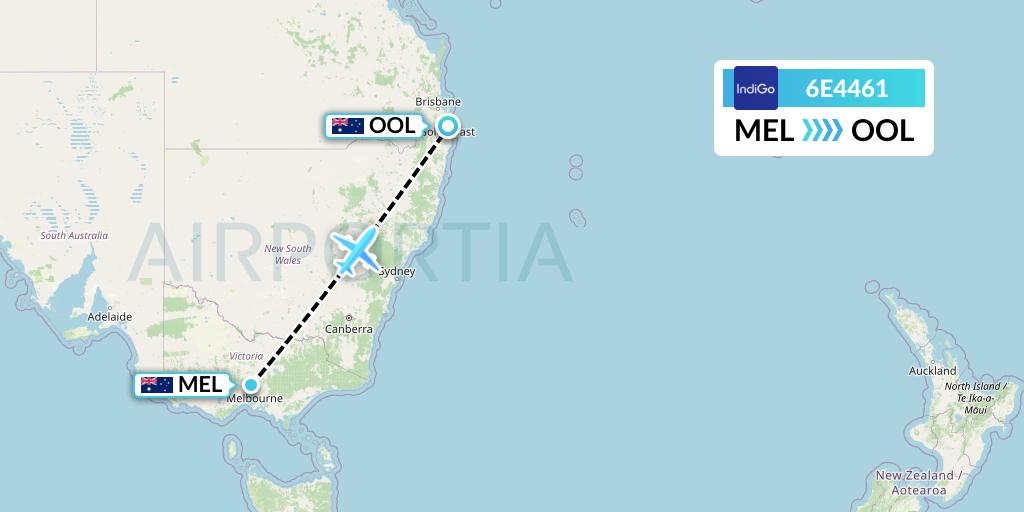 6E4461 IndiGo Airlines Flight Map: Melbourne to Gold Coast