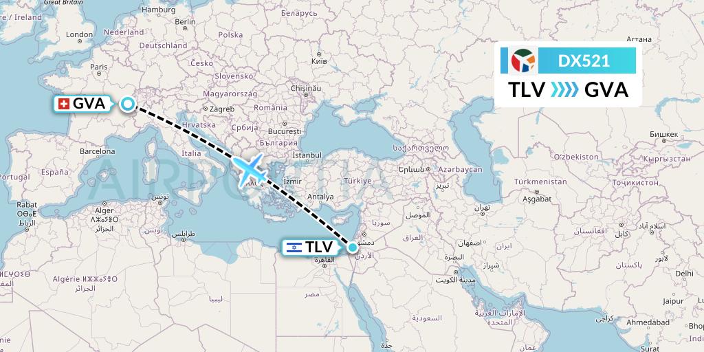 DX521 Danish Air Transport Flight Map: Tel Aviv to Geneva