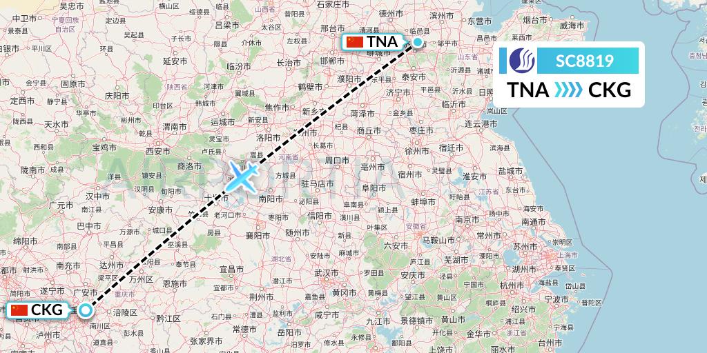 SC8819 Shandong Airlines Flight Map: Jinan to Chongqing
