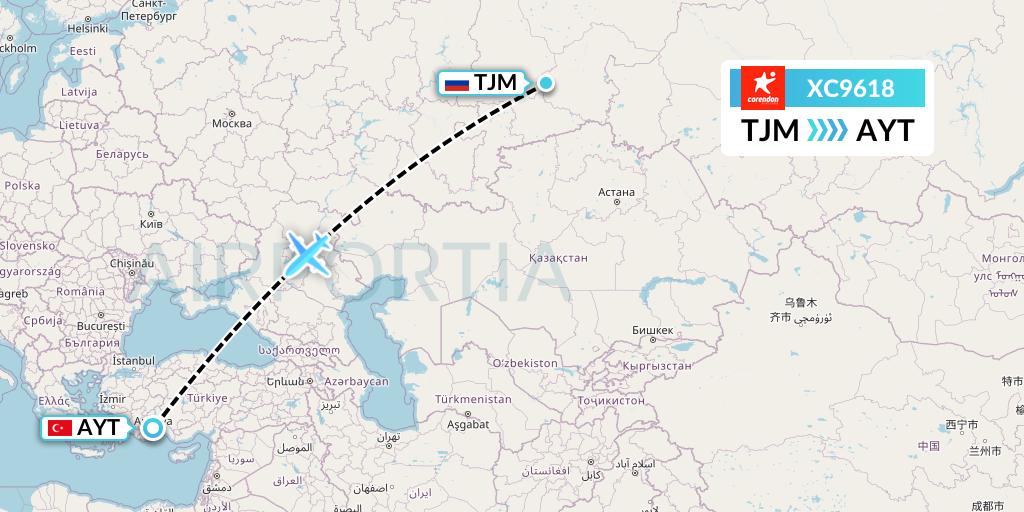 XC9618 Corendon Airlines Flight Map: Tyumen to Antalya