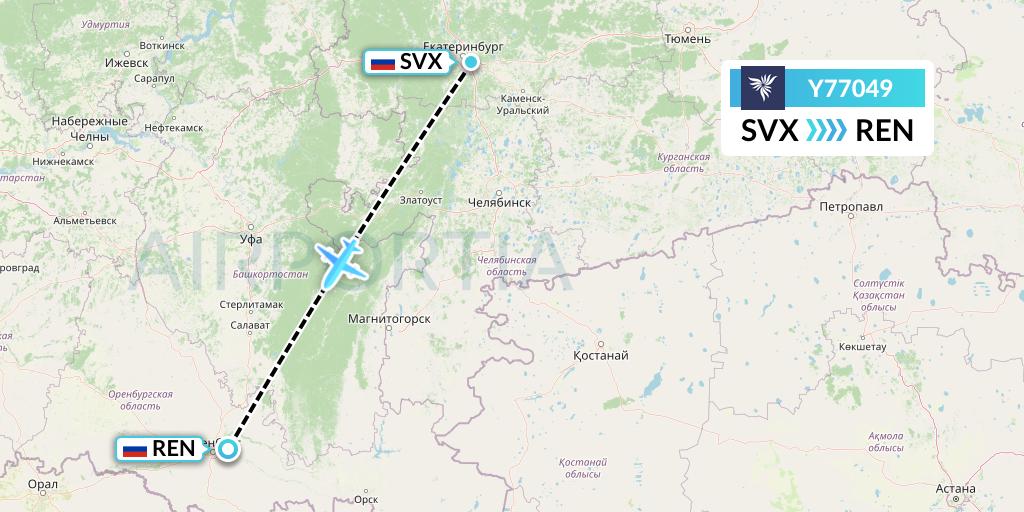 Y77049 NordStar Flight Map: Yekaterinburg to Orenburg