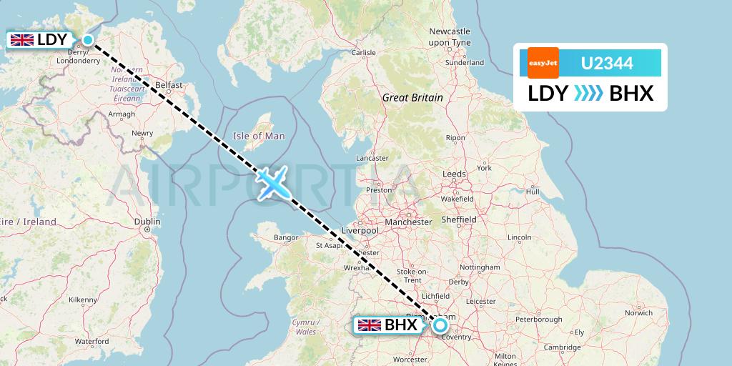 U2344 EasyJet Flight Map: Londonderry to Birmingham