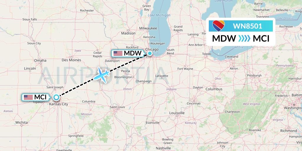 WN8501 Southwest Airlines Flight Map: Chicago to Kansas City