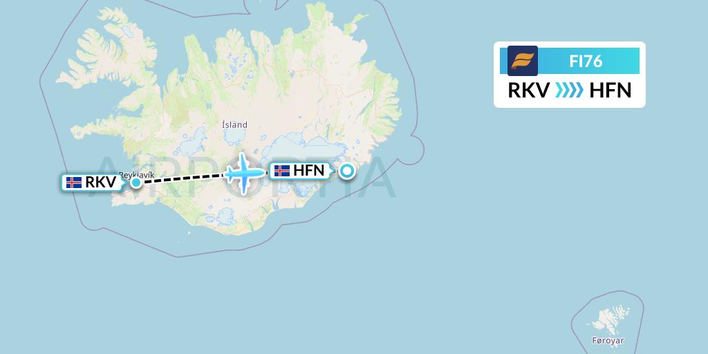 FI76 Icelandair Flight Map: Reykjavik to Hofn