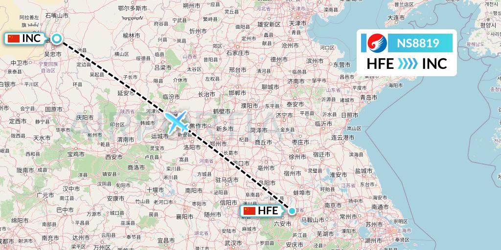 NS8819 Hebei Airlines Flight Map: Hefei to Yinchuan