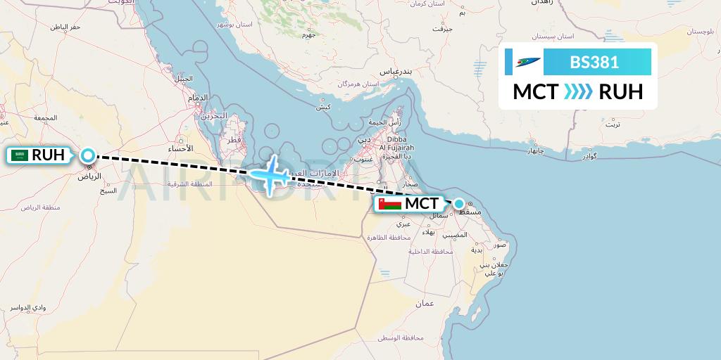 BS381 US-Bangla Airlines Flight Map: Muscat to Riyadh