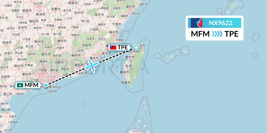NX9622 Air Macau Flight Map: Macau to Taipei