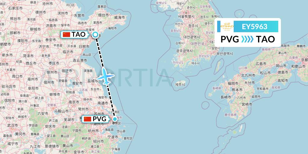 EY5963 Etihad Airways Flight Map: Shanghai to Qingdao