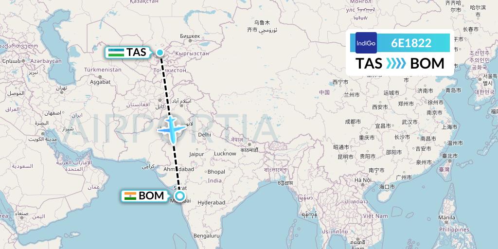 6E1822 IndiGo Airlines Flight Map: Tashkent to Mumbai
