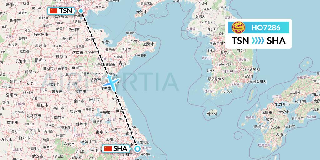 HO7286 Juneyao Airlines Flight Map: Tianjin to Shanghai