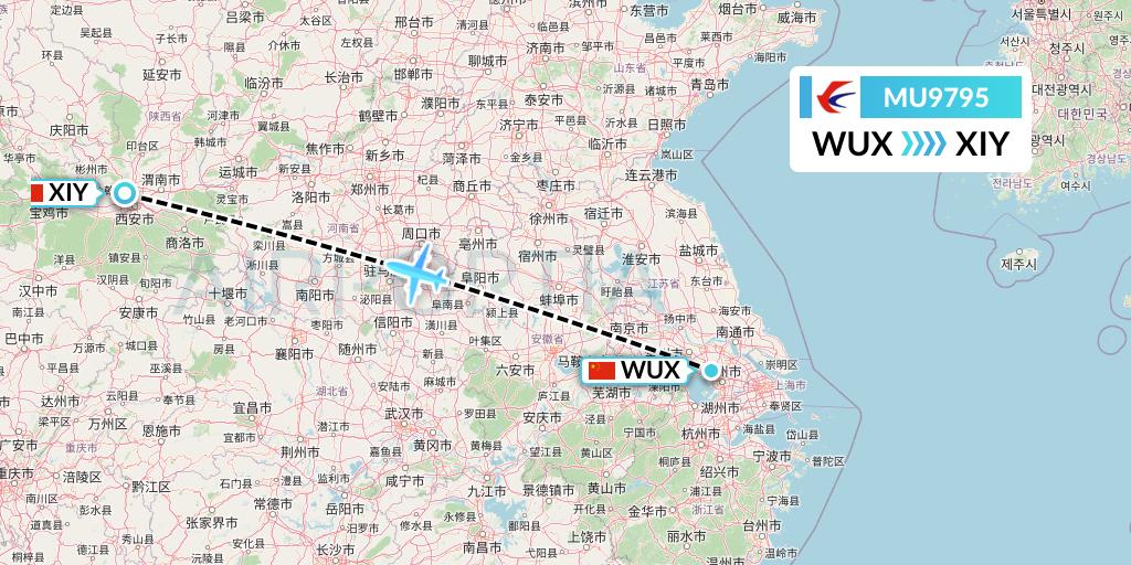 MU9795 China Eastern Airlines Flight Map: Wuxi to Xi'an